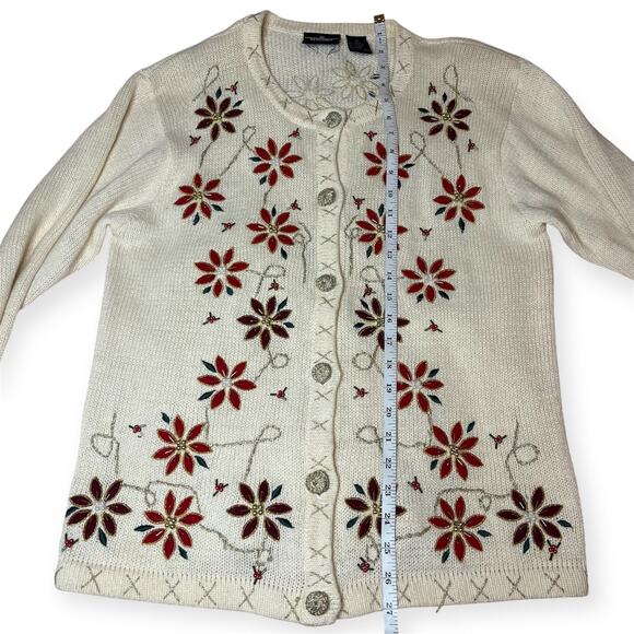 Vintage In Resource Cream Poinsettia Beaded Holiday Cardigan Sweater Sz Medium - Picture 10 of 10